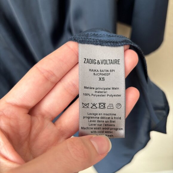 Zadig & Voltaire Raika Satin Tie Neck Navy Long Bell Sleeve Dress - Picture 10 of 13